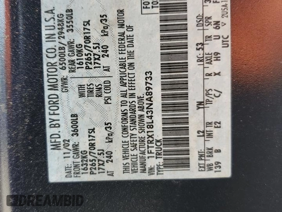 2003 Ford F-150 XL with VIN 1FTRX18L43NA89733, listed as a Copart auction lot 63431825 with Not provided miles and Salvage title. Bid and sale history available at DreamBid. Image 12.