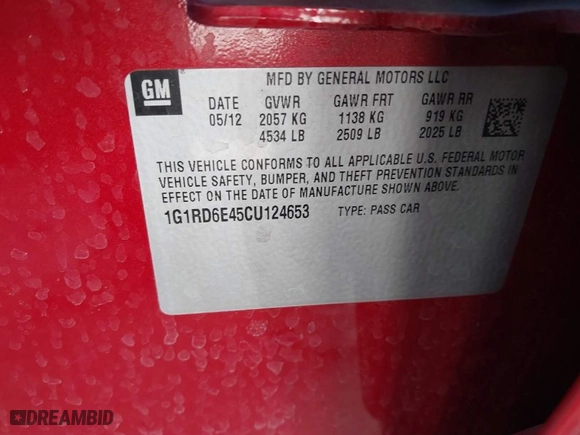 2012 Chevrolet Volt with VIN 1G1RD6E45CU124653, listed as a IAAI auction lot 41683782 with NaN miles. Bid and sale history available at carsss.com. Image 9.