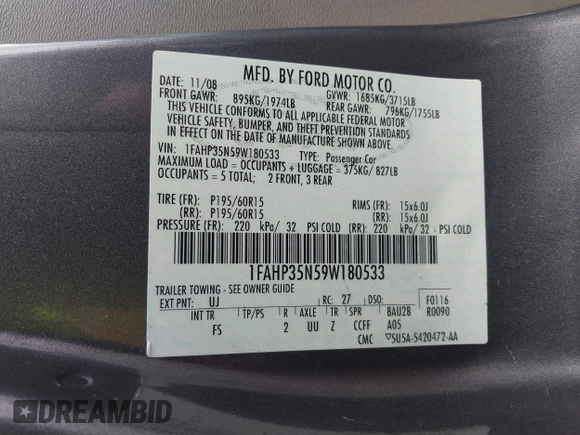 2009 Ford Focus SE z VIN 1FAHP35N59W180533, wystawiony jako IAAI lot #42443367 z przebiegiem 176 065 mil mil oraz . Historia ofert i sprzedaży dostępna na DreamBid. Obrazek 9.