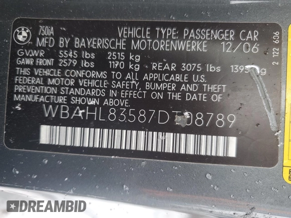 2007 BMW 7 Series 750i z VIN WBAHL83587DT08789, wystawiony jako Copart lot #79364414 z przebiegiem 172 496 mil mil oraz Szkoda całkowita • Salvage title. Historia ofert i sprzedaży dostępna na DreamBid. Obrazek 12.