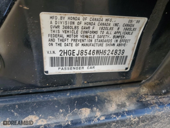 1998 Honda Civic EX with VIN 2HGEJ8546WH624839, listed as a Copart auction lot 71983804 with 273,533 mi miles and Non Repairable. Bid and sale history available at carsss.com. Image 12.