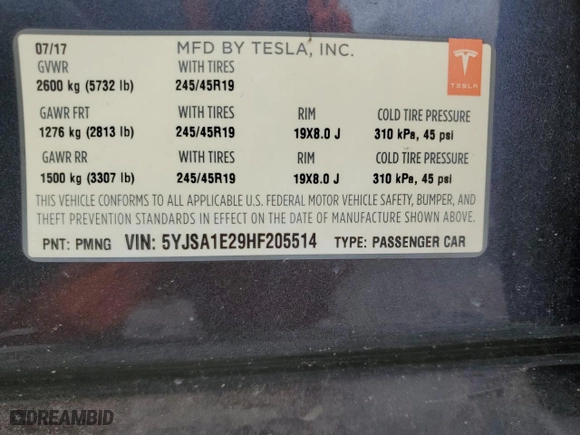 2017 Tesla Model S 100D with VIN 5YJSA1E29HF205514, listed as a Copart auction lot 48915695 with 61,801 mi miles and Salvage Title. Bid and sale history available at carsss.com. Image 13.