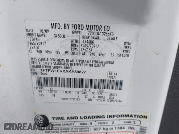 2010 Ford F-150 XL with VIN 1FTFW1EVXAKA89827, listed as a IAAI auction lot 42573342 with 205,504 mi miles and . Bid and sale history available at DreamBid. Image 9.