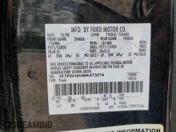 2009 Ford F-150 XL with VIN 1FTPW14V49KA73074, listed as a Copart auction lot 51887195 with 212,130 mi miles and Salvage Title. Bid and sale history available at carsss.com. Image 12.