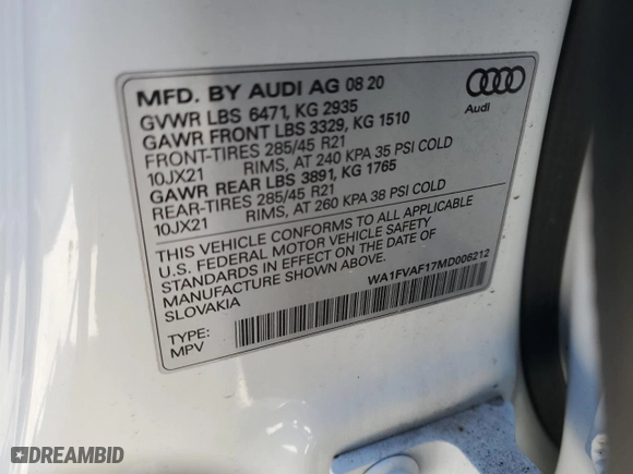 2021 Audi Q8 Prestige with VIN WA1FVAF17MD006212, listed as a Copart auction lot 46229225 with 57,061 mi miles and Salvage Title. Bid and sale history available at carsss.com. Image 16.