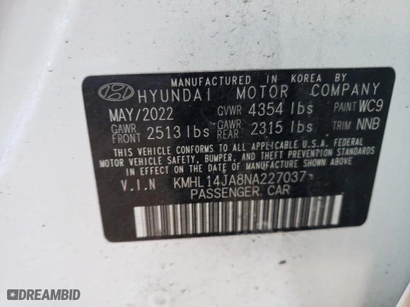 2022 Hyundai Sonata SEL with VIN KMHL14JA8NA227037, listed as a Copart auction lot 45001845 with 30,834 mi miles and Salvage Title. Bid and sale history available at carsss.com. Image 12.