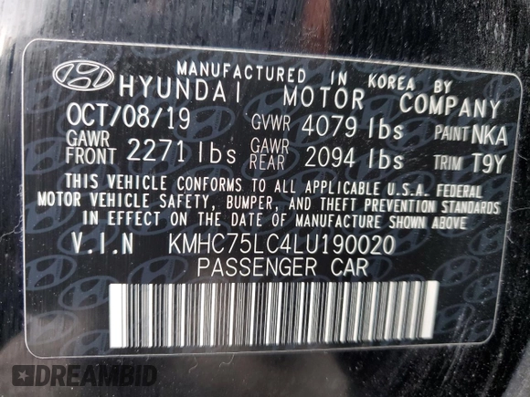 2020 Hyundai Ioniq SE with VIN KMHC75LC4LU190020, listed as a Copart auction lot 42400615 with 38,409 mi miles and Salvage title. Bid and sale history available at DreamBid. Image 12.