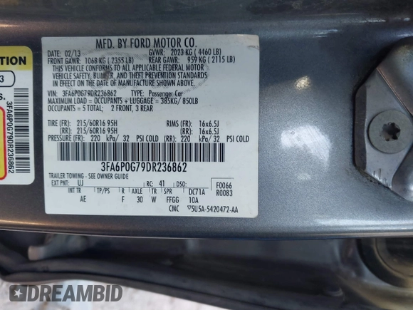 2013 Ford Fusion S with VIN 3FA6P0G79DR236862, listed as a IAAI auction lot 41845793 with 277,580 mi miles and . Bid and sale history available at carsss.com. Image 9.