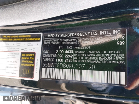 2019 Mercedes-Benz C 300 z VIN 55SWF8DB0KU307190, wystawiony jako IAAI lot #42064216 z przebiegiem 152 907 mil mil oraz . Historia ofert i sprzedaży dostępna na DreamBid. Obrazek 9.