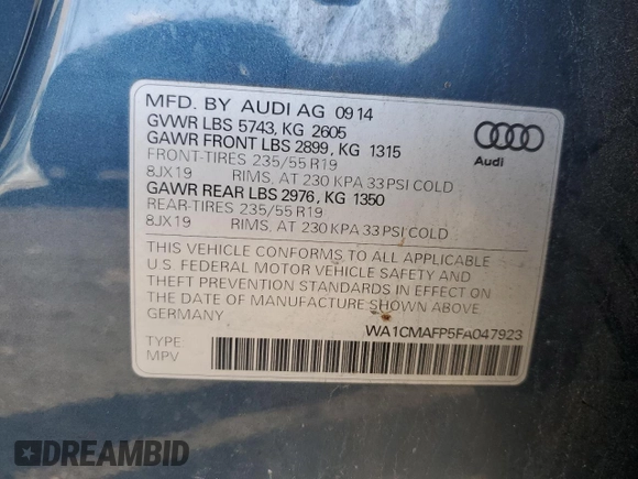 2015 Audi Q5 Premium Plus z VIN WA1CMAFP5FA047923, wystawiony jako Copart lot #51445195 z przebiegiem 116 400 mil mil oraz Szkoda całkowita • Salvage title. Historia ofert i sprzedaży dostępna na DreamBid. Obrazek 13.