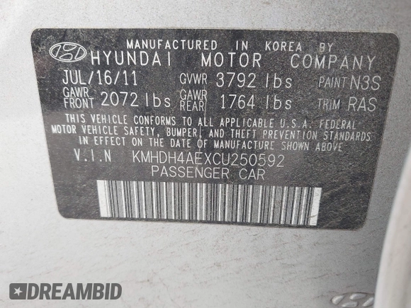 2012 Hyundai Elantra Limited with VIN KMHDH4AEXCU250592, listed as a IAAI auction lot 42326306 with 165,260 mi miles and . Bid and sale history available at DreamBid. Image 9.