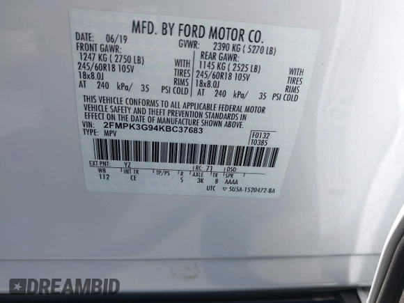 2019 Ford Edge SE с VIN 2FMPK3G94KBC37683, выставлен на аукционе IAAI как лот 42639602 с пробегом 70 953 миль миль и . История ставок и продаж доступна на DreamBid. Изображение 9.
