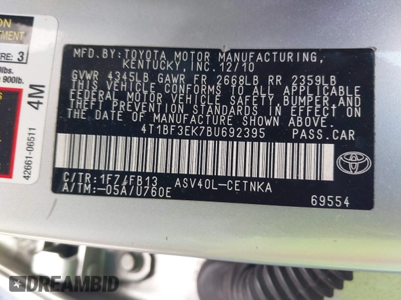 2011 Toyota Camry LE with VIN 4T1BF3EK7BU692395, listed as a IAAI auction lot 42071356 with 130,646 mi miles. Bid and sale history available at carsss.com. Image 9.