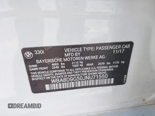 2018 BMW 3 Series 330i xDrive with VIN WBA8D9G50JNU71550, listed as a IAAI auction lot 42098935 with 45,948 mi miles and . Bid and sale history available at DreamBid. Image 9.