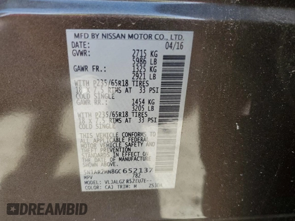 2016 Nissan Pathfinder SL with VIN 5N1AR2MN8GC652137, listed as a Copart auction lot 53731415 with 105,198 mi miles and Salvage title. Bid and sale history available at DreamBid. Image 14.