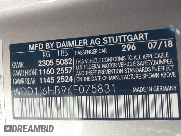 2019 Mercedes-Benz E with VIN WDD1J6HB9KF075831, listed as a IAAI auction lot 41284835 with Not Provided miles. Bid and sale history available at carsss.com. Image 9.