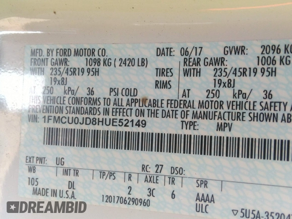 2017 Ford Escape Titanium with VIN 1FMCU0JD8HUE52149, listed as a IAAI auction lot 41974274 with 143,707 mi miles and . Bid and sale history available at DreamBid. Image 9.