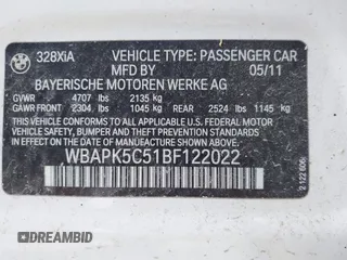 2011 BMW 3 Series 328i xDrive with VIN WBAPK5C51BF122022, listed as a IAAI auction lot 41784529 with Not provided miles and . Bid and sale history available at DreamBid. Image 9.