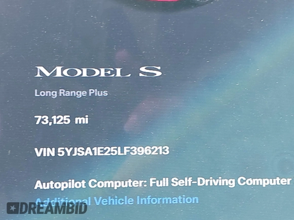 2020 Tesla Model S Long Range with VIN 5YJSA1E25LF396213, listed as a IAAI auction lot 42383231 with 73,125 mi miles and . Bid and sale history available at DreamBid. Image 7.