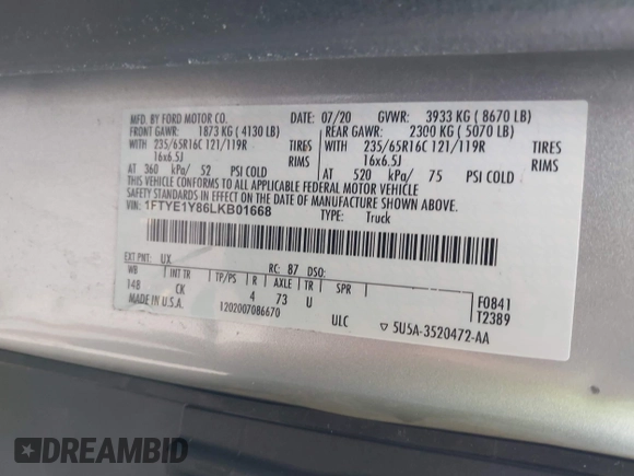 2020 Ford Transit Cargo с VIN 1FTYE1Y86LKB01668, выставлен на аукционе IAAI как лот 42350796 с пробегом 100 606 миль миль и . История ставок и продаж доступна на DreamBid. Изображение 9.