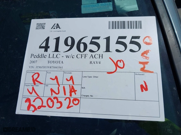 2007 Toyota RAV4 with VIN JTMZD33V875045561, listed as a IAAI auction lot 41965155 with 220,320 mi miles. Bid and sale history available at carsss.com. Image 12.