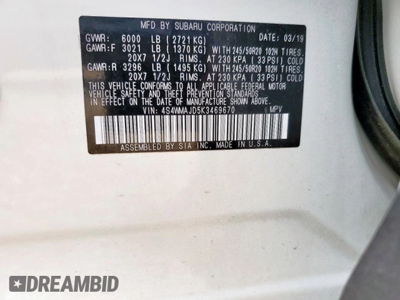 2019 Subaru Ascent Limited with VIN 4S4WMAJD5K3469670, listed as a Copart auction lot 62731435 with 117,469 mi miles and Salvage title. Bid and sale history available at DreamBid. Image 14.