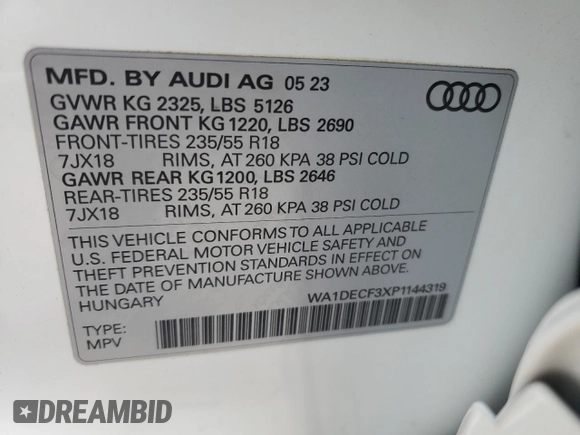 2023 Audi Q3 S line Premium z VIN WA1DECF3XP1144319, wystawiony jako Copart lot #50177425 z przebiegiem 10 785 mil mil oraz Szkoda całkowita • Salvage title. Historia ofert i sprzedaży dostępna na DreamBid. Obrazek 14.