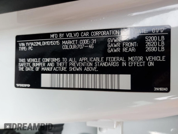 2017 Volvo S90 Inscription with VIN YV1A22ML0H1015015, listed as a Copart auction lot 49673973 with 70,257 mi miles. Bid and sale history available at carsss.com. Image 12.