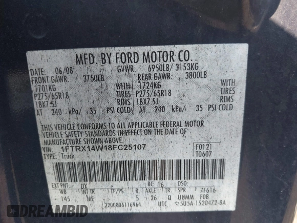 2008 Ford F-150 STX with VIN 1FTRX14W18FC25107, listed as a IAAI auction lot 42112634 with Not Provided miles. Bid and sale history available at carsss.com. Image 9.