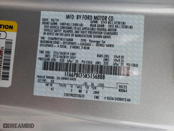 2019 Ford Mustang GT with VIN 1FA6P8CF5K5156888, listed as a Copart auction lot 73495934 with NaN miles and Salvage Title. Bid and sale history available at carsss.com. Image 12.