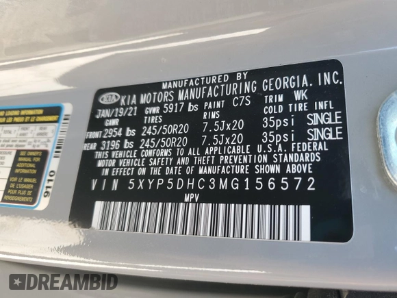 2021 Kia Telluride SX with VIN 5XYP5DHC3MG156572, listed as a Copart auction lot 59173945 with 45,089 mi miles and Salvage title. Bid and sale history available at DreamBid. Image 13.