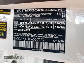 2015 Mercedes-Benz M 350 with VIN 4JGDA5JBXFA507272, listed as a Copart auction lot 51022775 with 121,315 mi miles and Clean title. Bid and sale history available at DreamBid. Image 13.