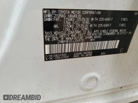 2018 Toyota RAV4 LE z VIN JTMBFREV2JJ249752, wystawiony jako Copart lot #58369165 z przebiegiem 69 474 mil mil oraz Szkoda całkowita • Salvage title. Historia ofert i sprzedaży dostępna na DreamBid. Obrazek 13.