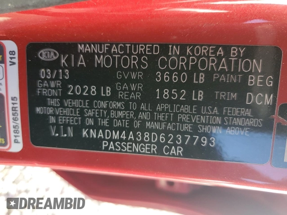 2013 Kia Rio LX with VIN KNADM4A38D6237793, listed as a Copart auction lot 87823165 with 160,349 mi miles and Salvage Title. Bid and sale history available at carsss.com. Image 13.