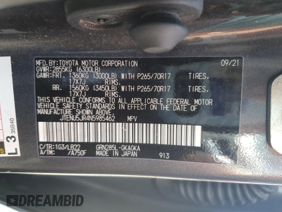 2022 Toyota 4Runner SR5 Premium with VIN JTENU5JR4N5985462, listed as a Copart auction lot 53774625 with 26,619 mi miles and Salvage title. Bid and sale history available at DreamBid. Image 13.