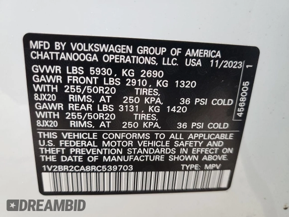 2024 Volkswagen Atlas SEL with VIN 1V2BR2CA8RC539703, listed as a Copart auction lot 45461855 with 20,789 mi miles and Salvage title. Bid and sale history available at DreamBid. Image 13.