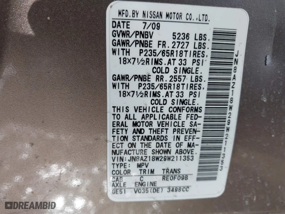2009 Nissan Murano SL with VIN JN8AZ18W29W211353, listed as a IAAI auction lot 41677855 with 107,126 mi miles. Bid and sale history available at carsss.com. Image 9.