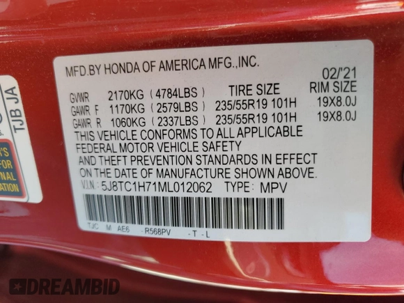 2021 Acura RDX w/Advance Package with VIN 5J8TC1H71ML012062, listed as a Copart auction lot 52085664 with 36,770 mi miles. Bid and sale history available at carsss.com. Image 13.