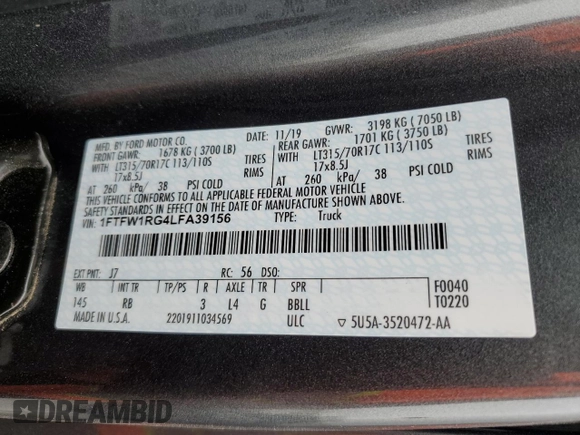 2020 Ford F-150 Raptor with VIN 1FTFW1RG4LFA39156, listed as a Copart auction lot 52204325 with Not Provided miles and Salvage Title. Bid and sale history available at carsss.com. Image 12.