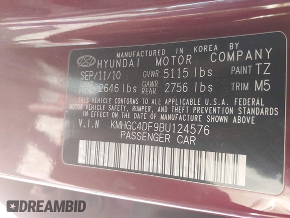 2011 Hyundai Genesis with VIN KMHGC4DF9BU124576, listed as a IAAI auction lot 41971684 with 199,322 mi miles and . Bid and sale history available at DreamBid. Image 9.