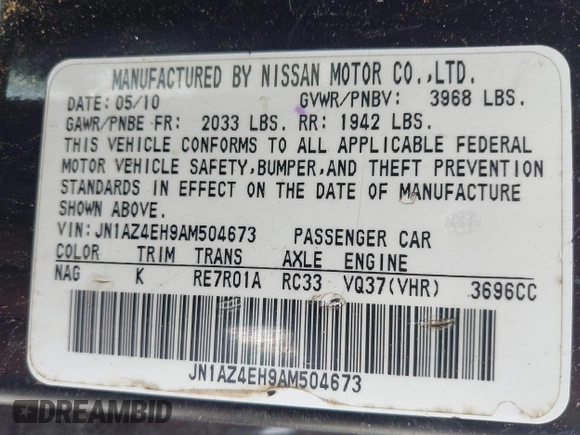 2010 Nissan 370Z Touring with VIN JN1AZ4EH9AM504673, listed as a IAAI auction lot 42284934 with 132,177 mi miles and . Bid and sale history available at DreamBid. Image 9.