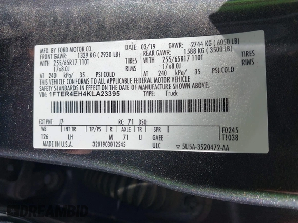 2019 Ford Ranger XL z VIN 1FTER4EH4KLA23395, wystawiony jako IAAI lot #42382934 z przebiegiem 204 361 mil mil oraz . Historia ofert i sprzedaży dostępna na DreamBid. Obrazek 9.