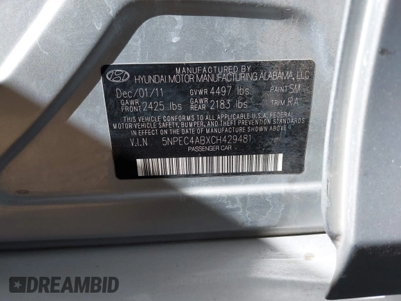 2012 Hyundai Sonata Limited with VIN 5NPEC4ABXCH429481, listed as a IAAI auction lot 41794510 with Not Provided miles and . Bid and sale history available at DreamBid. Image 9.
