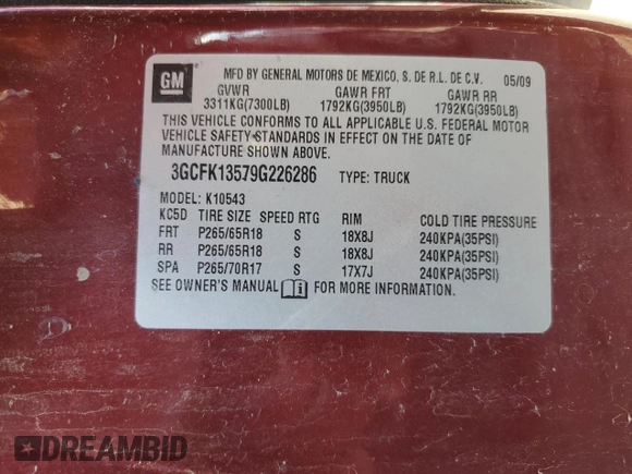 2009 Chevrolet Silverado 1500 with VIN 3GCFK13579G226286, listed as a Copart auction lot 54404645 with 317,811 mi miles and Clean Title. Bid and sale history available at DreamBid. Image 12.
