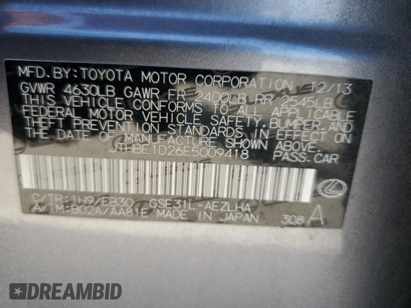 2014 Lexus IS 350 z VIN JTHBE1D26E5009418, wystawiony jako Copart lot #57936215 z przebiegiem 110 766 mil mil oraz Szkoda całkowita • Salvage title. Historia ofert i sprzedaży dostępna na DreamBid. Obrazek 12.