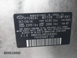 2015 Hyundai Elantra with VIN KMHD35LH4FU240642, listed as a IAAI auction lot 42196394 with 120,499 mi miles and . Bid and sale history available at DreamBid. Image 9.
