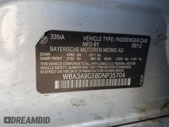 2013 BMW 3 Series 335i z VIN WBA3A9G58DNP35704, wystawiony jako Copart lot #88901535 z przebiegiem 126 492 mil mil oraz Szkoda całkowita • Salvage title. Historia ofert i sprzedaży dostępna na DreamBid. Obrazek 12.