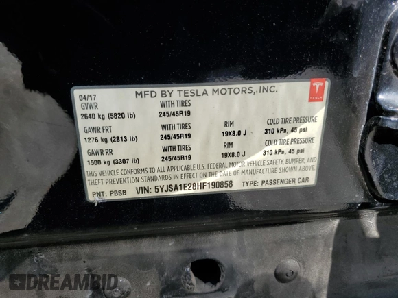 2017 Tesla Model S 100D z VIN 5YJSA1E28HF190858, wystawiony jako Copart lot #60690695 z przebiegiem 73 046 mil mil oraz Szkoda całkowita • Salvage title. Historia ofert i sprzedaży dostępna na DreamBid. Obrazek 13.