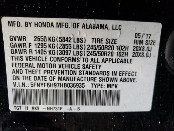 2017 Honda Pilot Touring with VIN 5FNYF6H97HB036935, listed as a Copart auction lot 71757334 with 68,641 mi miles and Salvage Title. Bid and sale history available at DreamBid. Image 14.