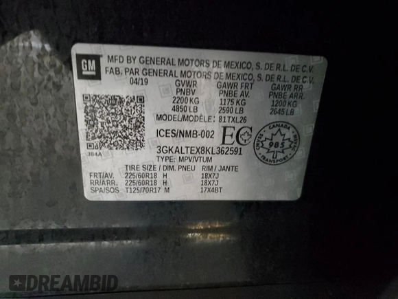 2019 GMC Terrain SLE z VIN 3GKALTEX8KL362591, wystawiony jako Copart lot #56925835 z przebiegiem 62 799 mil mil oraz Szkody całkowita. Historia ofert i sprzedaży dostępna na DreamBid. Obrazek 13.